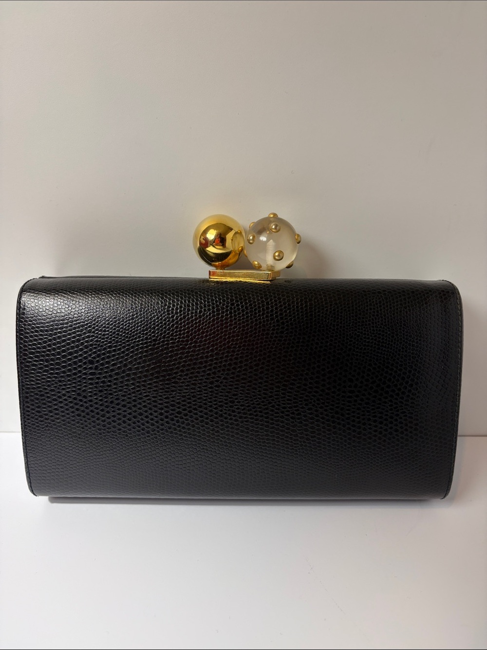 Vintage Rodo Black Textured Clutch with Gold and Pearl Accent